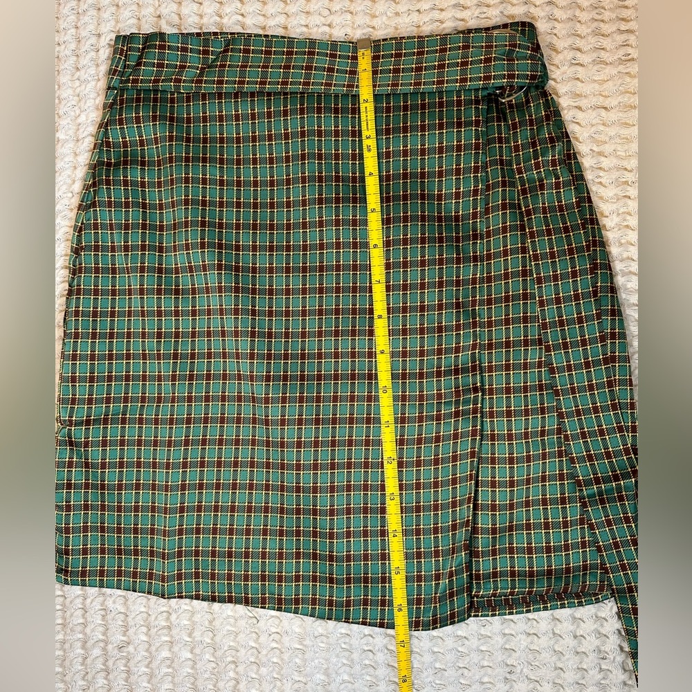Lulu's Lovely Luck Green Plaid Satin Wrap Mini Skirt - Picture 4 of 5